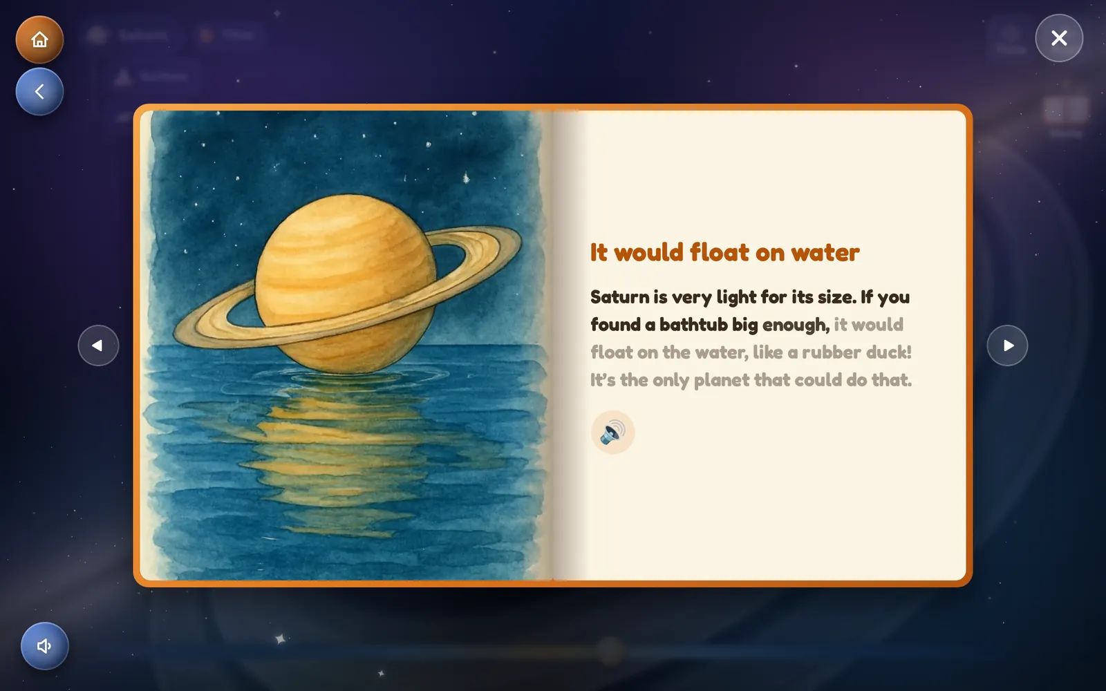 The Kid Globe storybook open: Saturn in watercolor on the left, the text on the right