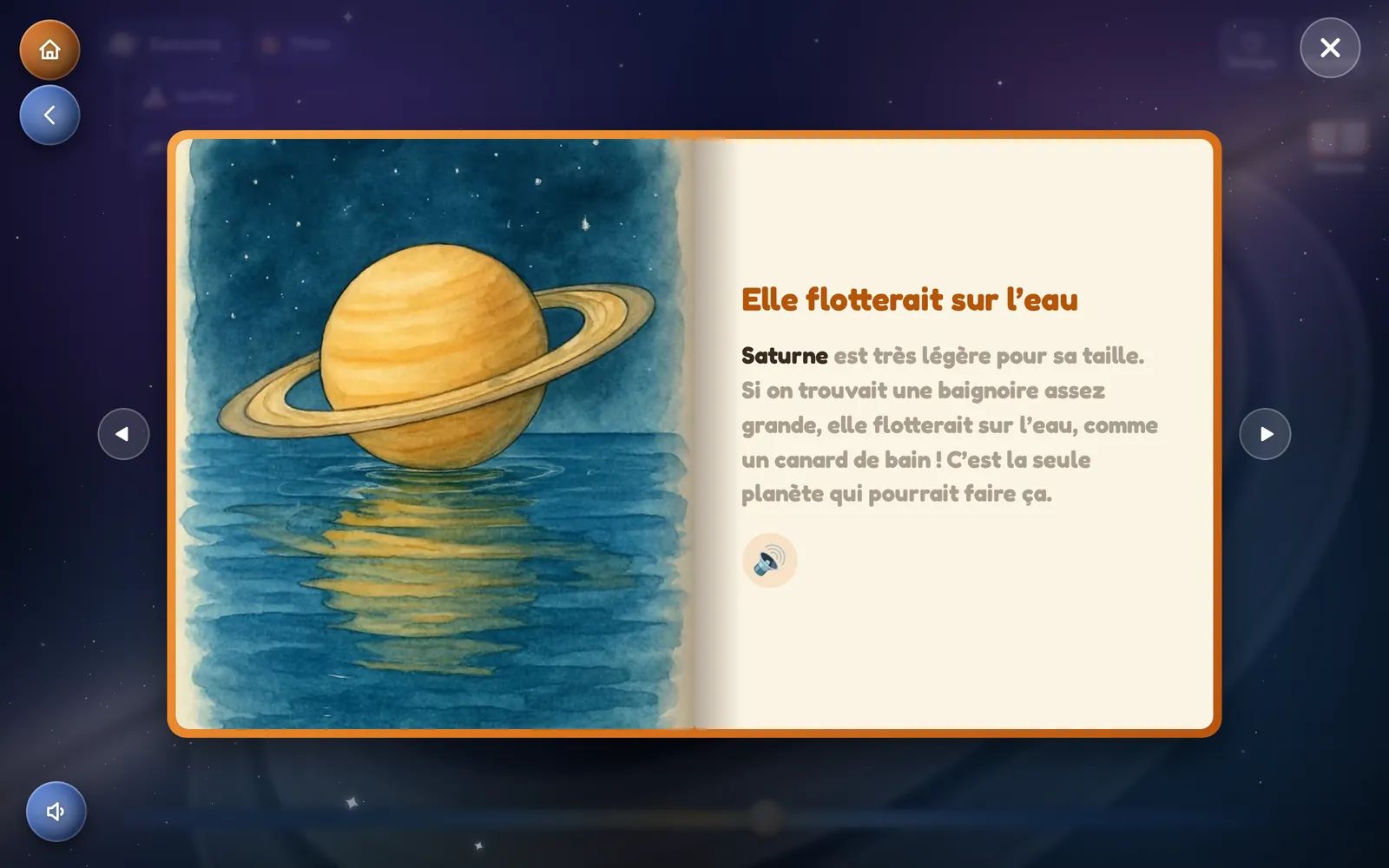 Le livre d’histoires de Kid Globe ouvert : Saturne à l’aquarelle à gauche, le texte à droite
