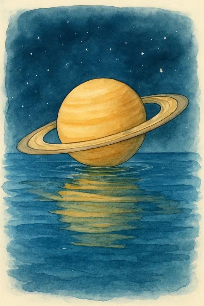 Saturne posée sur une mer calme, peinte à l’aquarelle