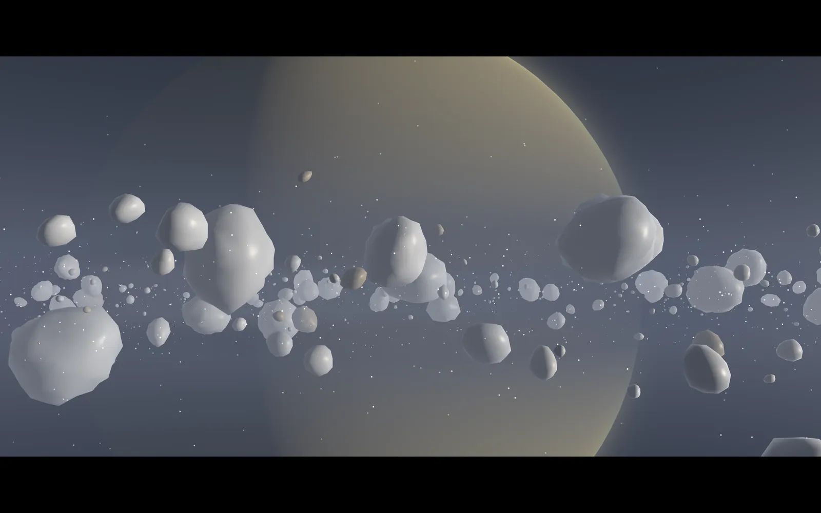 Des blocs de glace des anneaux de Saturne, la planète en arrière-plan, dans Kid Globe