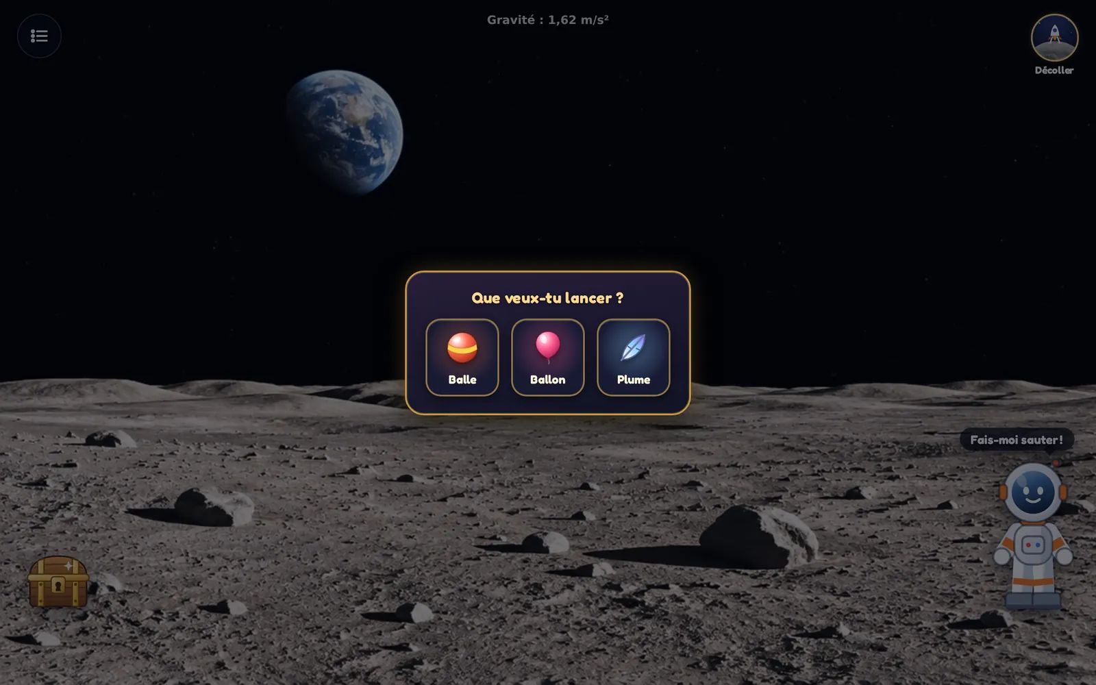 Le coffre « Que veux-tu lancer ? » ouvert sur la Lune, avec une balle, un ballon et une plume