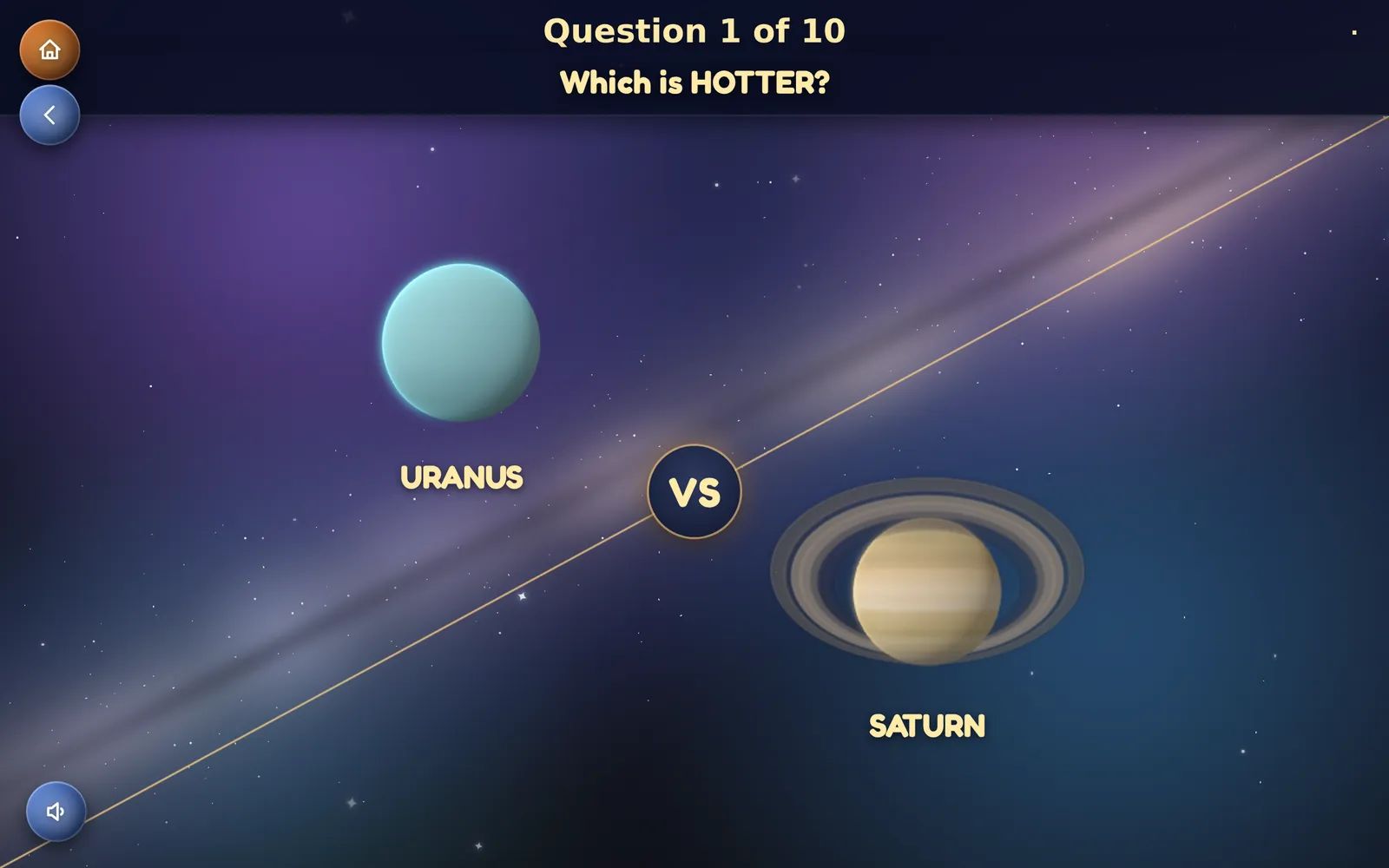 The Kid Globe Duels game: Saturn against Neptune, which one goes around the Sun faster?