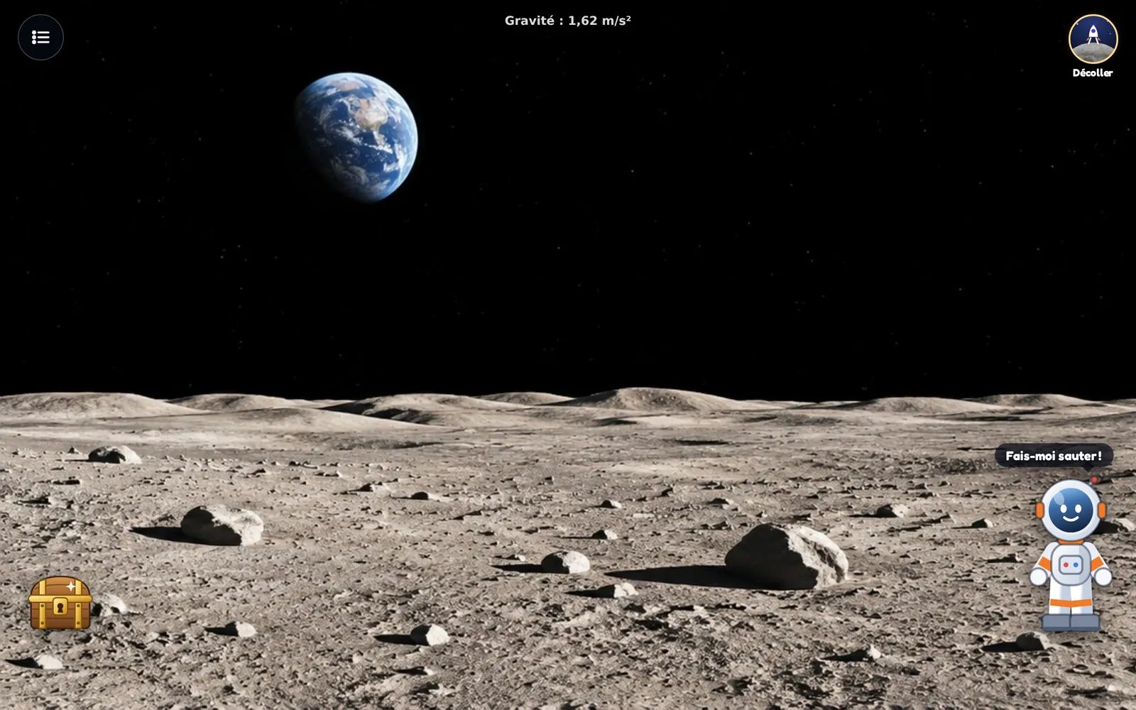 La surface de la Lune dans Kid Globe, la Terre dans le ciel noir et le cosmonaute qui attend
