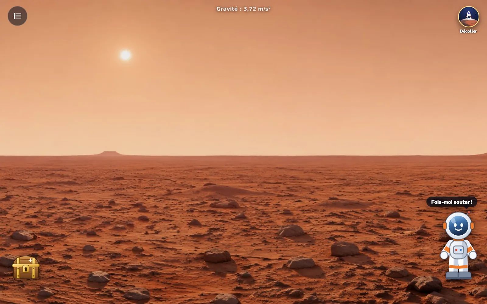 Le cosmonaute de Kid Globe posé sur le sol rouge de Mars, prêt à sauter
