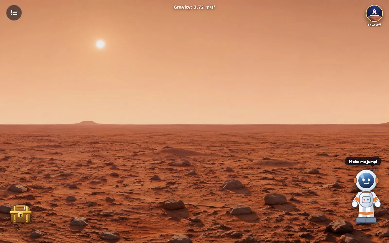 The Kid Globe astronaut standing on the red ground of Mars, ready to jump