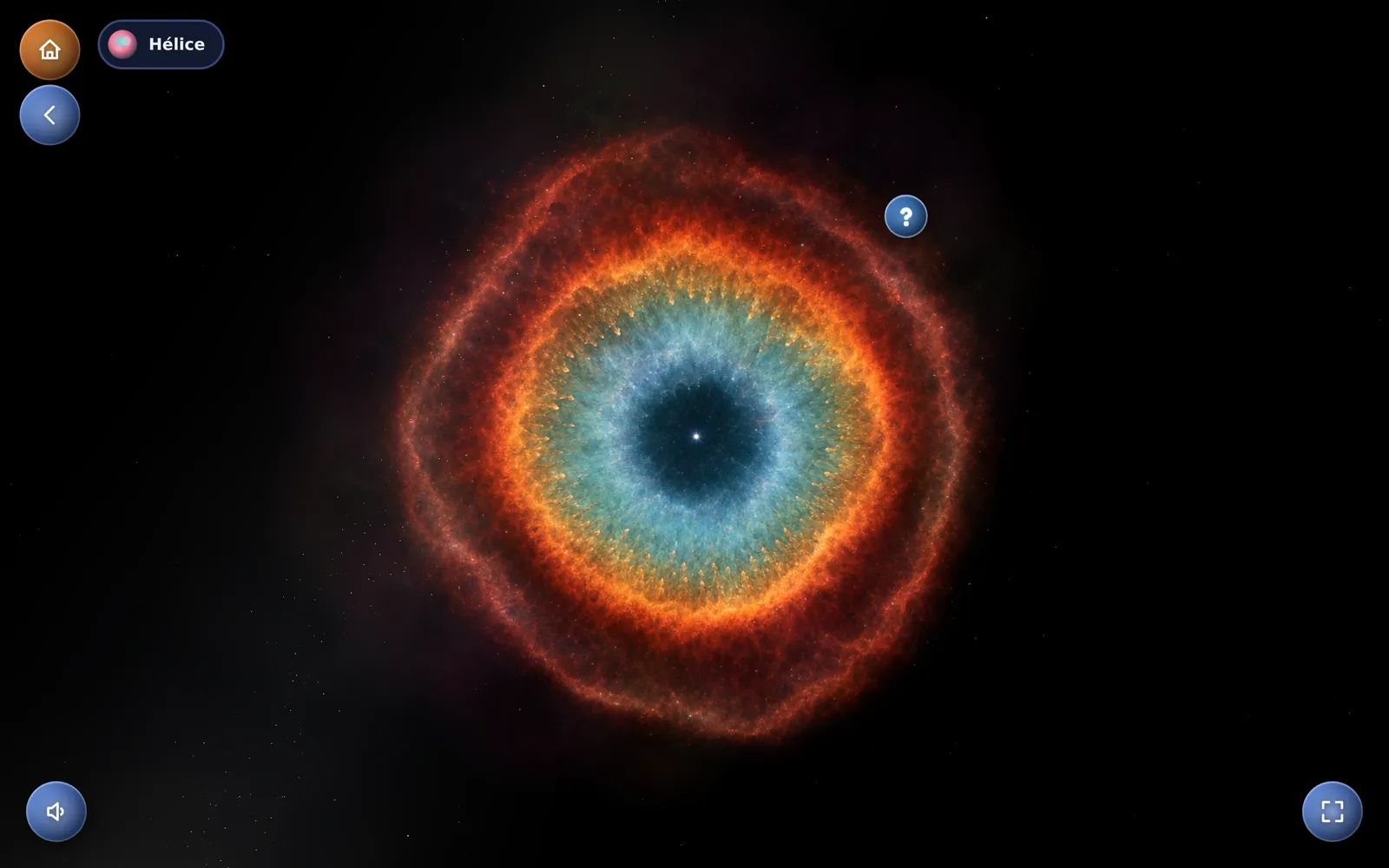 La nébuleuse de l’Hélice dans Kid Globe, un anneau de gaz rouge et bleu autour d’une étoile