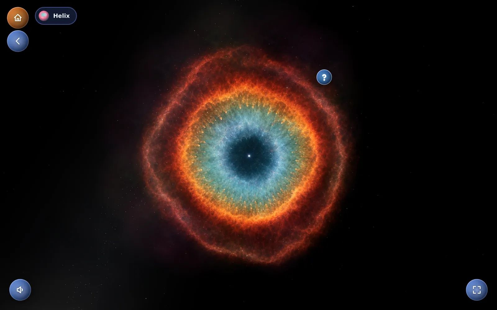 The Helix Nebula in Kid Globe, a ring of red and blue gas around a star