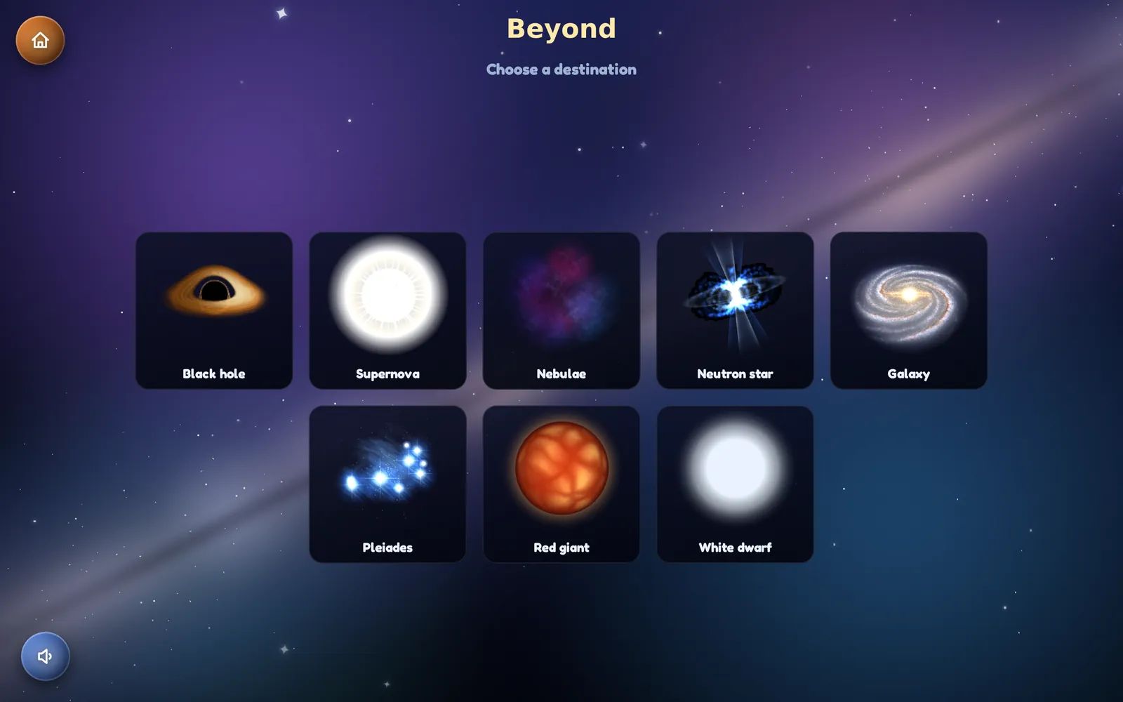 The Kid Globe “Further” gallery: black hole, supernova, nebulae, neutron star, galaxy, Pleiades, red giant, white dwarf