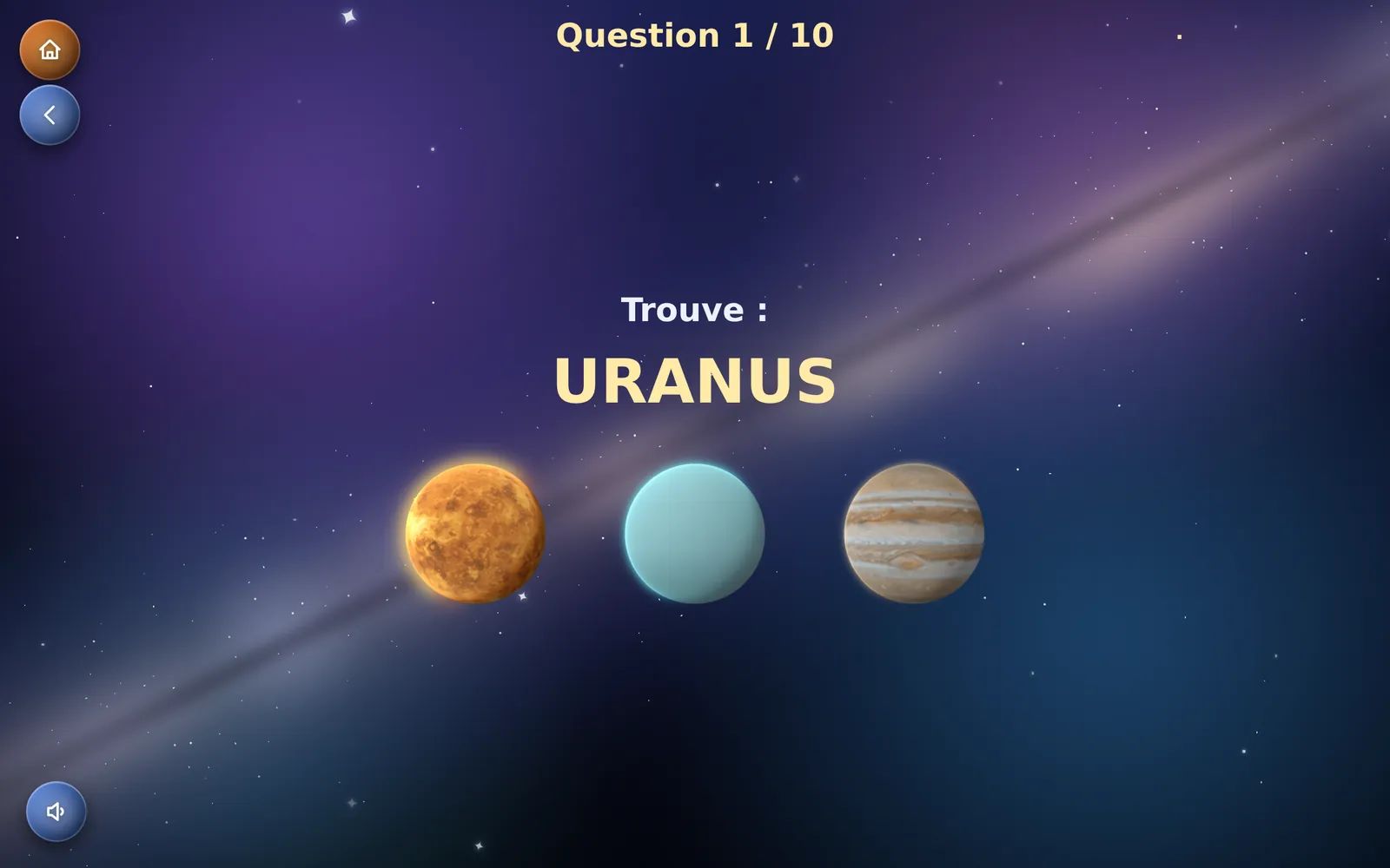 Le jeu Quiz de Kid Globe : « Trouve Uranus » parmi trois planètes