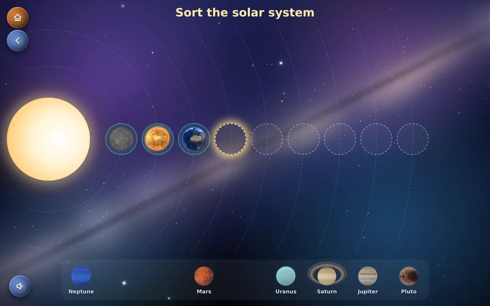 The Kid Globe Sort game: the planets to put back in order from the Sun