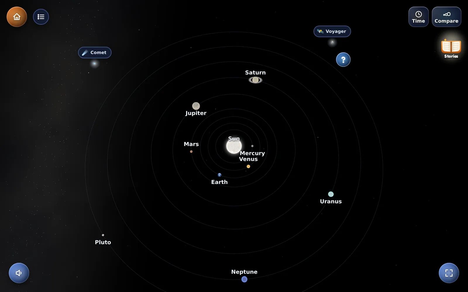 The System view in Kid Globe: the Sun in the middle and the orbits of the planets, from Mercury to Pluto