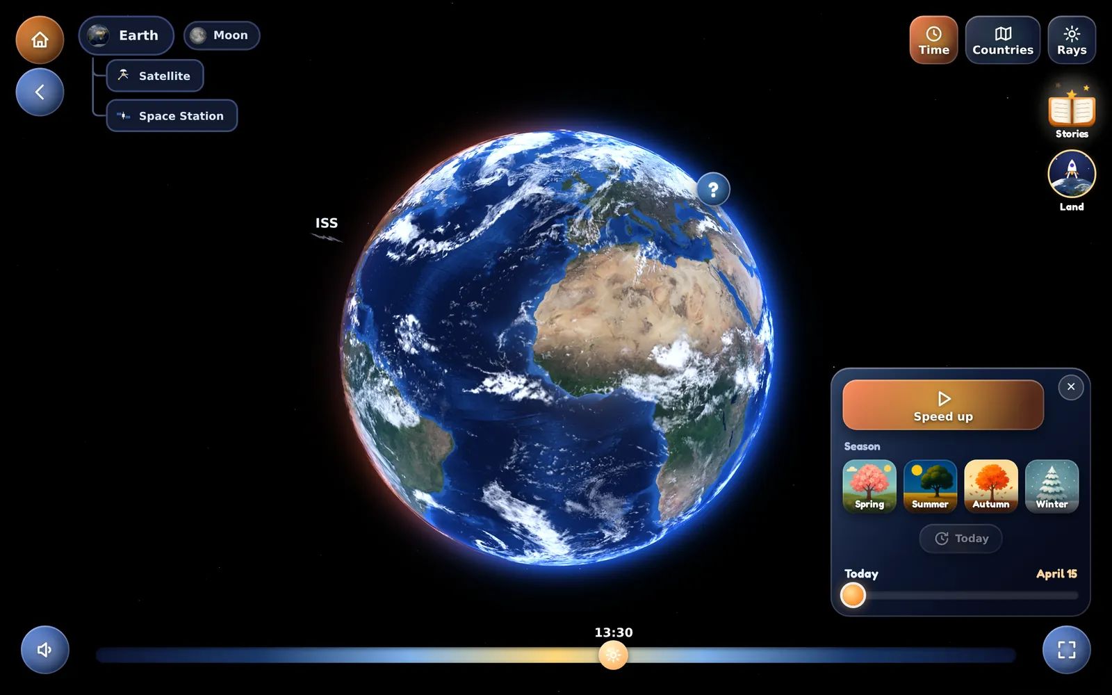 The Time panel open over Earth in Kid Globe, with the four seasons to pick from