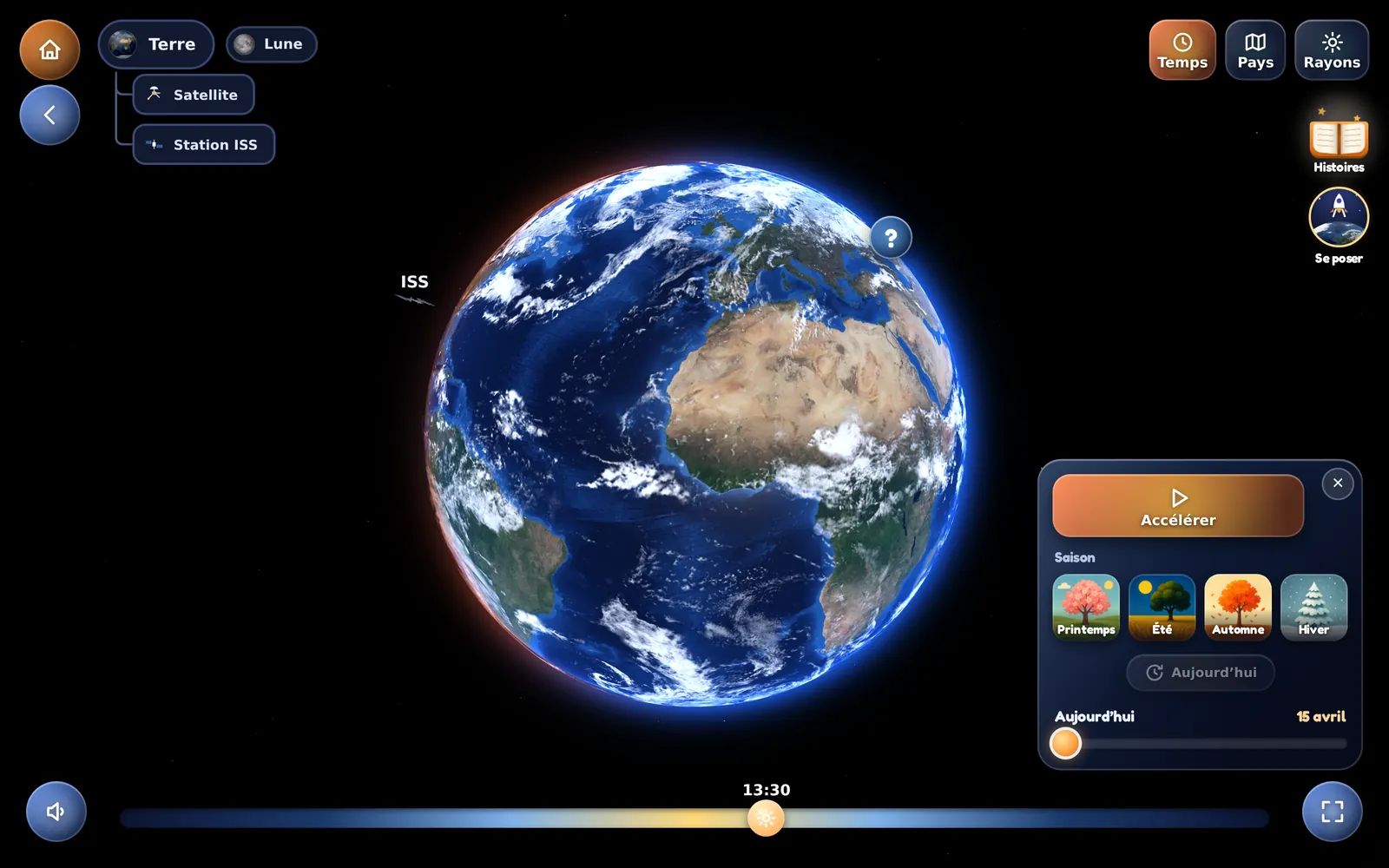 Le panneau Temps de Kid Globe ouvert sur la Terre, avec les quatre saisons à choisir