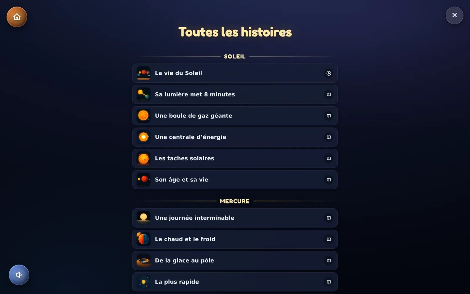 La liste « Toutes les histoires » de Kid Globe, rangées par astre : le Soleil, puis Mercure
