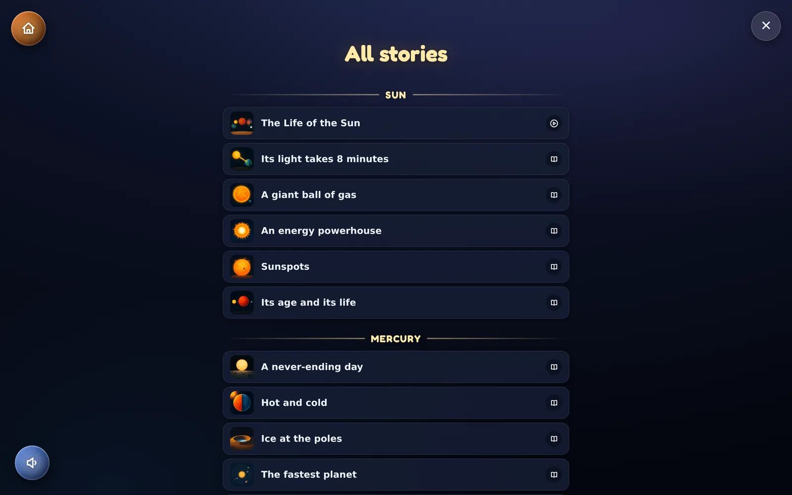 The “All stories” list in Kid Globe, sorted by world: the Sun, then Mercury